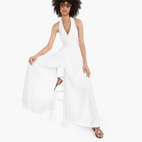 NWT J. Crew Halter Cotton White Jumpsuit Wige Leg Size 2 - Picture 1 of 8